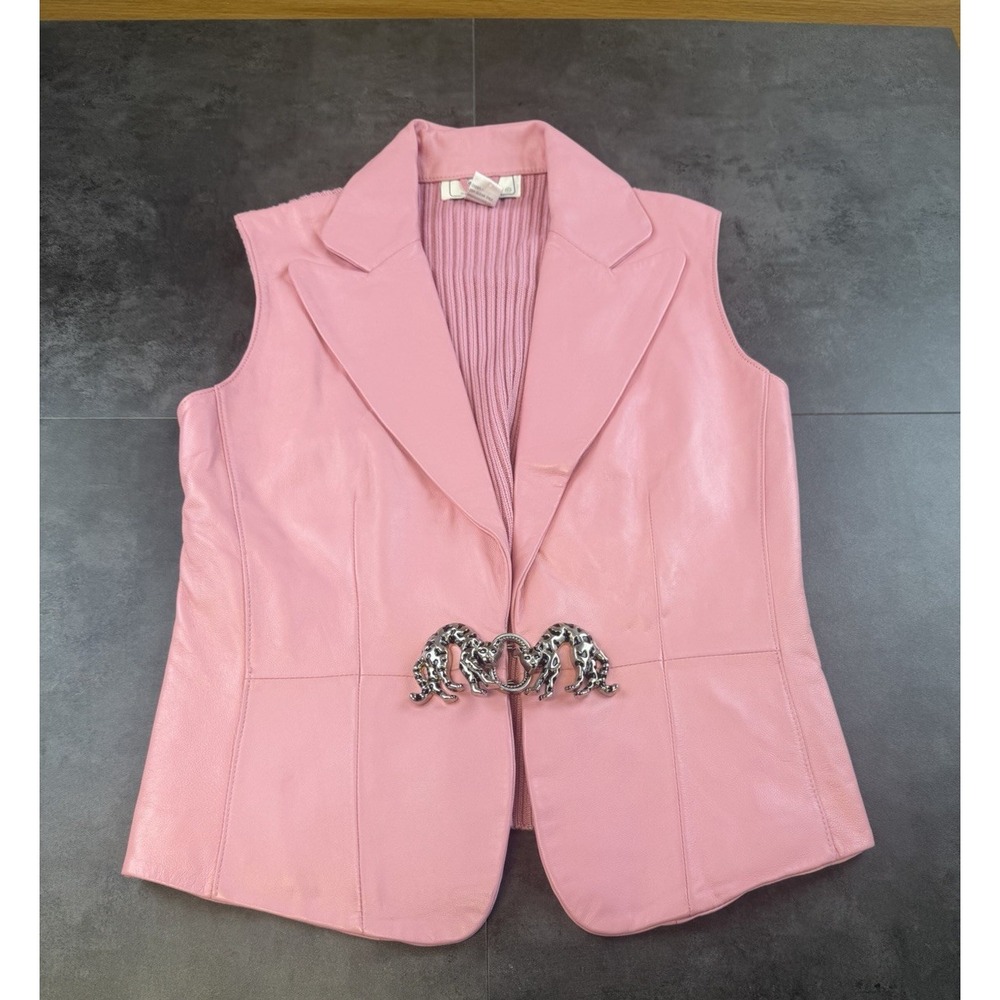 Lisa International Pink Lambskin Leather Vest w/ Silver Cheetah Buckel Size Lrg